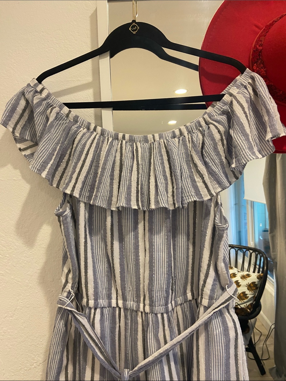 Michael Kors Blue and White Striped Off-Shoulder Midi Dress